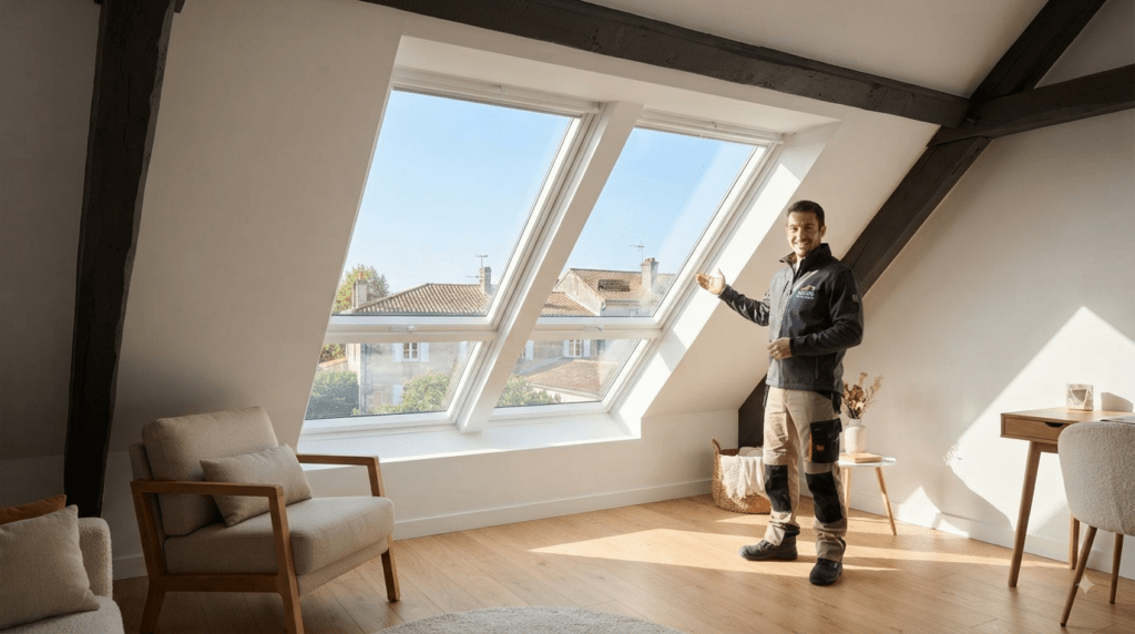 pose de Velux à Bordeaux : Artisan couvreur installant des fenêtres de toit Velux dans des combles lumineux à Bordeaux en Gironde