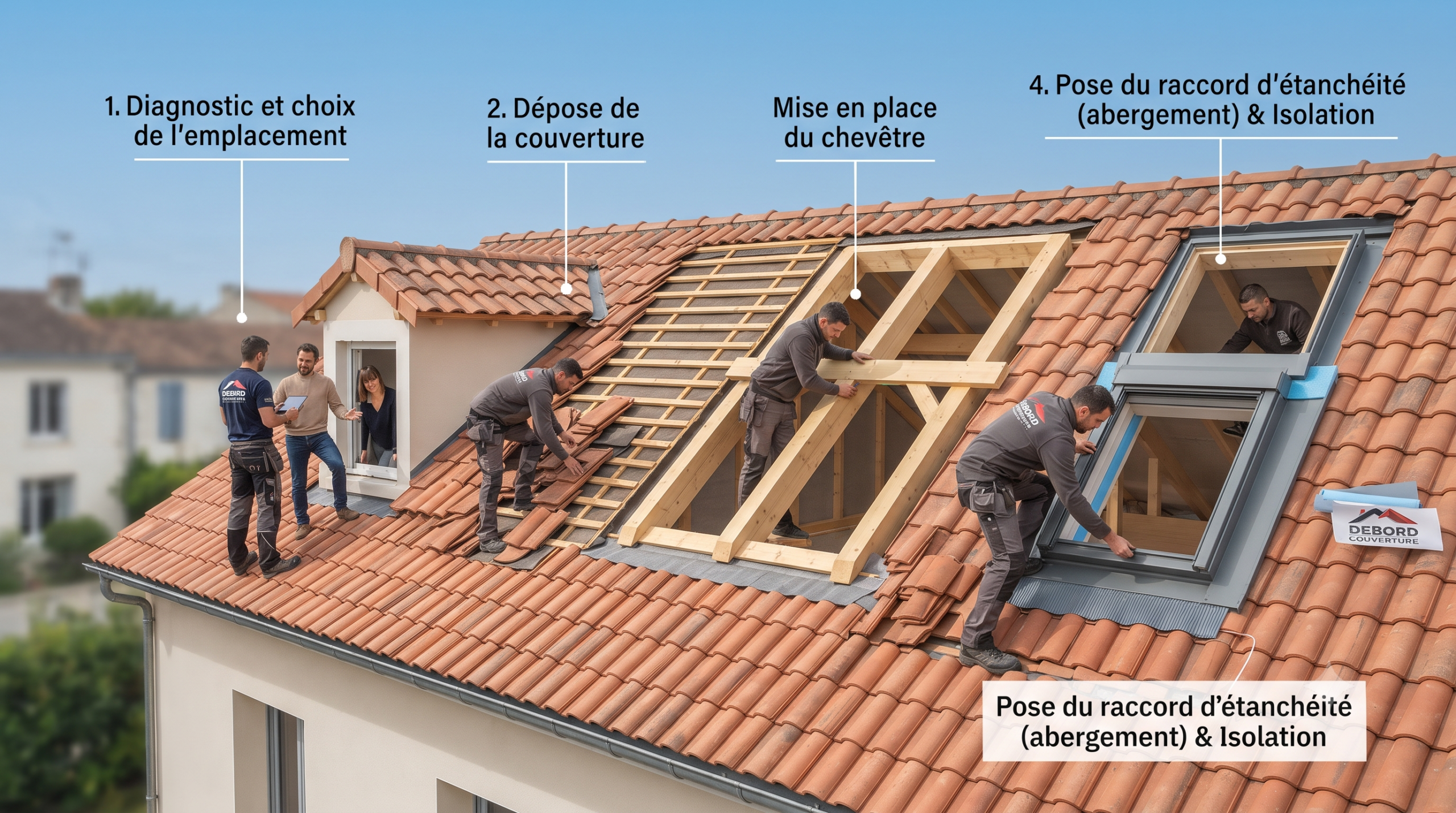 Schéma des étapes d'installation d'une fenêtre de toit Velux : diagnostic, dépose, charpente et étanchéité à Mérignac